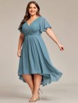 Plus Size Double V-Neck Ruffles Sleeve Chiffon Midi Wedding Guest Dress – Dusty Blue