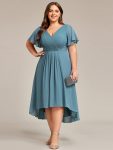 Chic V Neck Asymmetrical Hem Ruffles Sleeve Pleated Chiffon Wedding Guest Dress – Dusty Blue