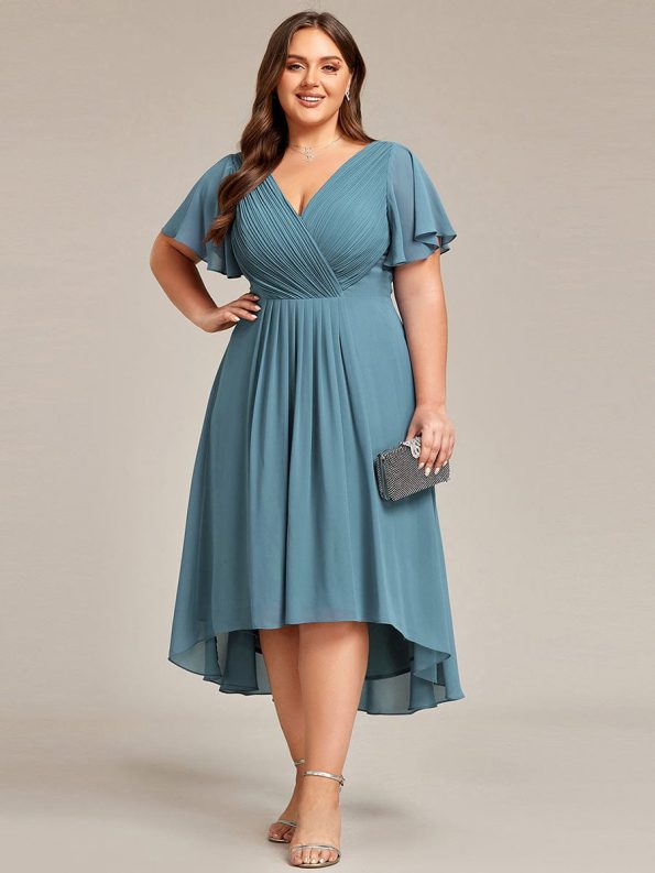 Chic V Neck Asymmetrical Hem Ruffles Sleeve Pleated Chiffon Wedding Guest Dress - Dusty Blue