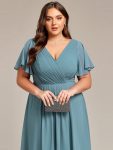 Chic V Neck Asymmetrical Hem Ruffles Sleeve Pleated Chiffon Wedding Guest Dress – Dusty Blue