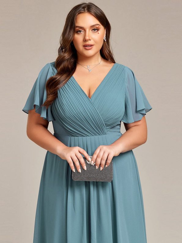 Chic V Neck Asymmetrical Hem Ruffles Sleeve Pleated Chiffon Wedding Guest Dress - Dusty Blue