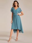 Chic V Neck Asymmetrical Hem Ruffles Sleeve Pleated Chiffon Wedding Guest Dress – Dusty Blue