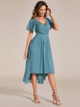 Chic V Neck Asymmetrical Hem Ruffles Sleeve Pleated Chiffon Wedding Guest Dress – Dusty Blue