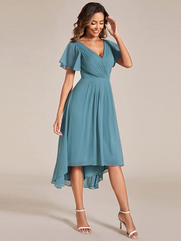 Chic V Neck Asymmetrical Hem Ruffles Sleeve Pleated Chiffon Wedding Guest Dress - Dusty Blue