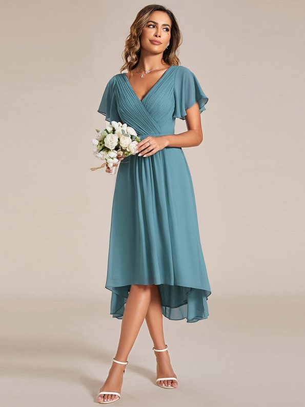 Chic V Neck Asymmetrical Hem Ruffles Sleeve Pleated Chiffon Wedding Guest Dress - Dusty Blue