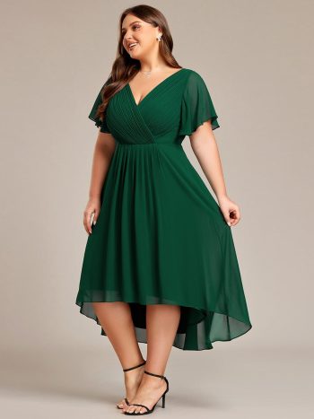 Plus Size Double V-Neck Ruffles Sleeve Chiffon Midi Wedding Guest Dress - Dark Green