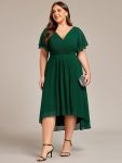 Plus Size Double V-Neck Ruffles Sleeve Chiffon Midi Wedding Guest Dress – Dark Green