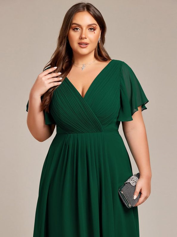 Plus Size Double V-Neck Ruffles Sleeve Chiffon Midi Wedding Guest Dress - Dark Green