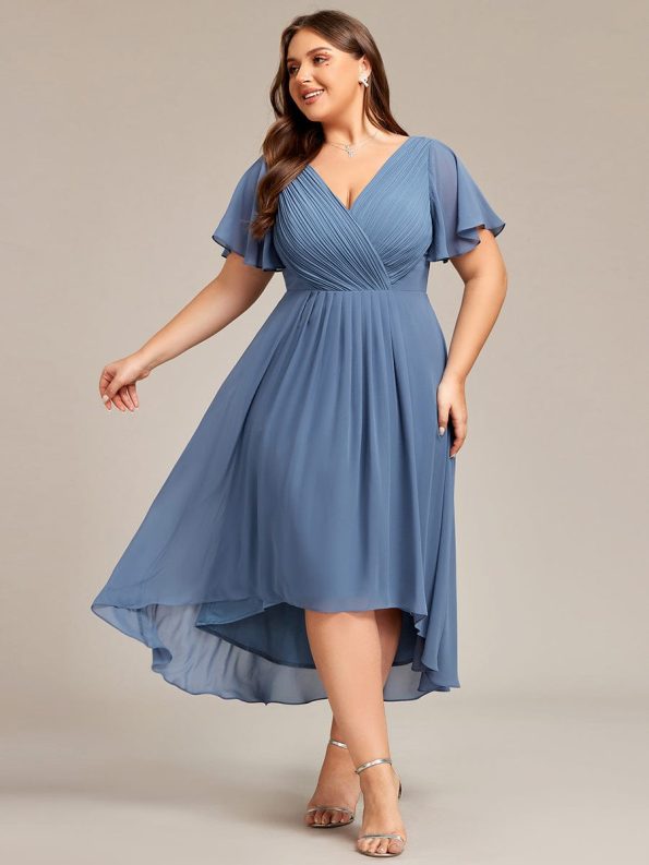 Plus Size Double V-Neck Ruffles Sleeve Chiffon Midi Wedding Guest Dress - Dusty Navy