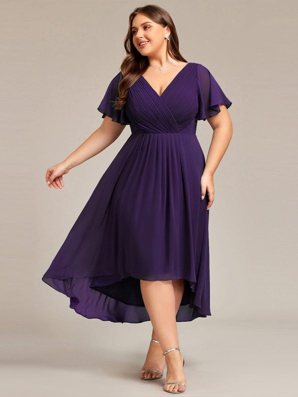 Plus Size Double V-Neck Ruffles Sleeve Chiffon Midi Wedding Guest Dress - Dark Purple