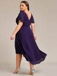 Chic V Neck Asymmetrical Hem Ruffles Sleeve Pleated Chiffon Wedding Guest Dress – Dark Purple