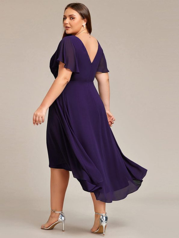 Chic V Neck Asymmetrical Hem Ruffles Sleeve Pleated Chiffon Wedding Guest Dress - Dark Purple