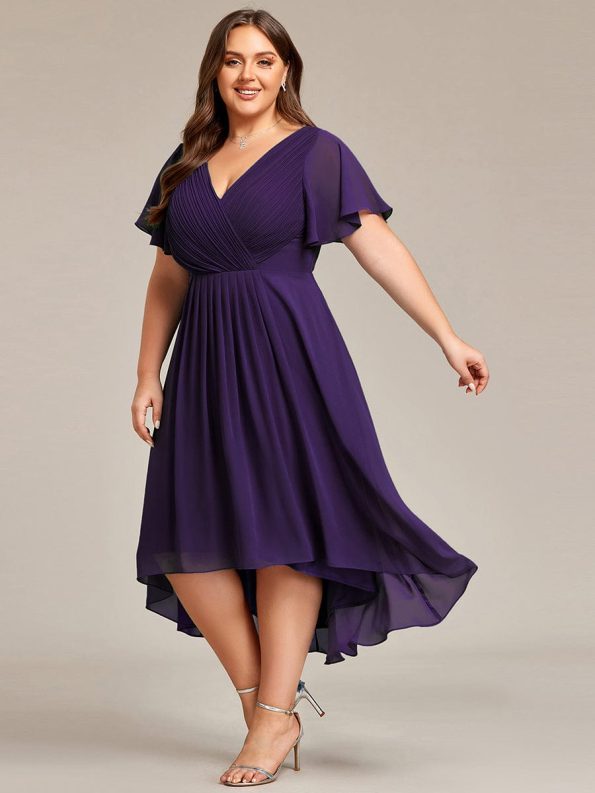 Chic V Neck Asymmetrical Hem Ruffles Sleeve Pleated Chiffon Wedding Guest Dress - Dark Purple