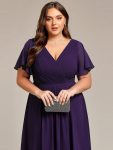 Chic V Neck Asymmetrical Hem Ruffles Sleeve Pleated Chiffon Wedding Guest Dress – Dark Purple