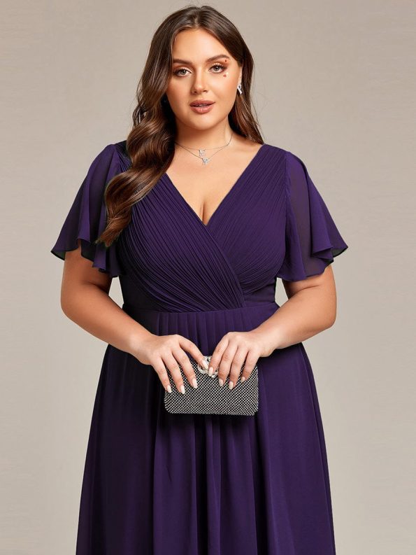 Chic V Neck Asymmetrical Hem Ruffles Sleeve Pleated Chiffon Wedding Guest Dress - Dark Purple