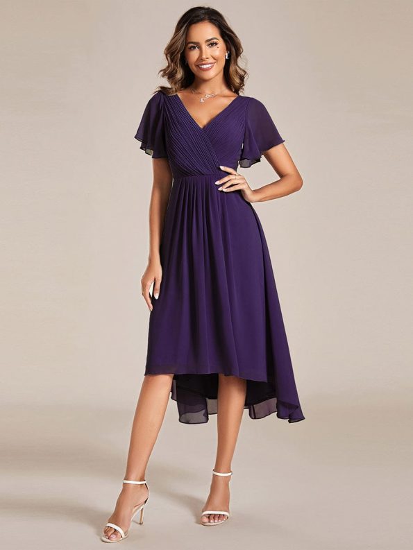 Chic V Neck Asymmetrical Hem Ruffles Sleeve Pleated Chiffon Wedding Guest Dress - Dark Purple