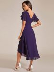 Chic V Neck Asymmetrical Hem Ruffles Sleeve Pleated Chiffon Wedding Guest Dress – Dark Purple