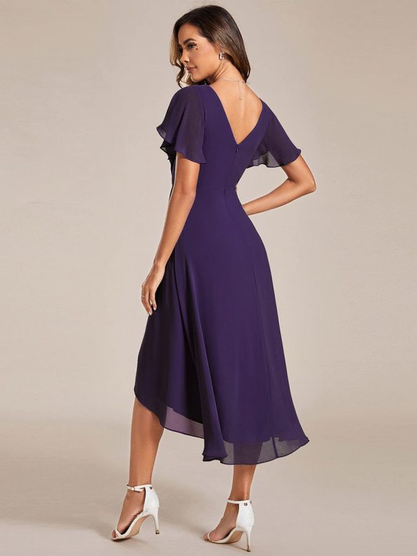 Chic V Neck Asymmetrical Hem Ruffles Sleeve Pleated Chiffon Wedding Guest Dress - Dark Purple