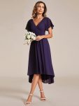 Chic V Neck Asymmetrical Hem Ruffles Sleeve Pleated Chiffon Wedding Guest Dress - Dark Purple