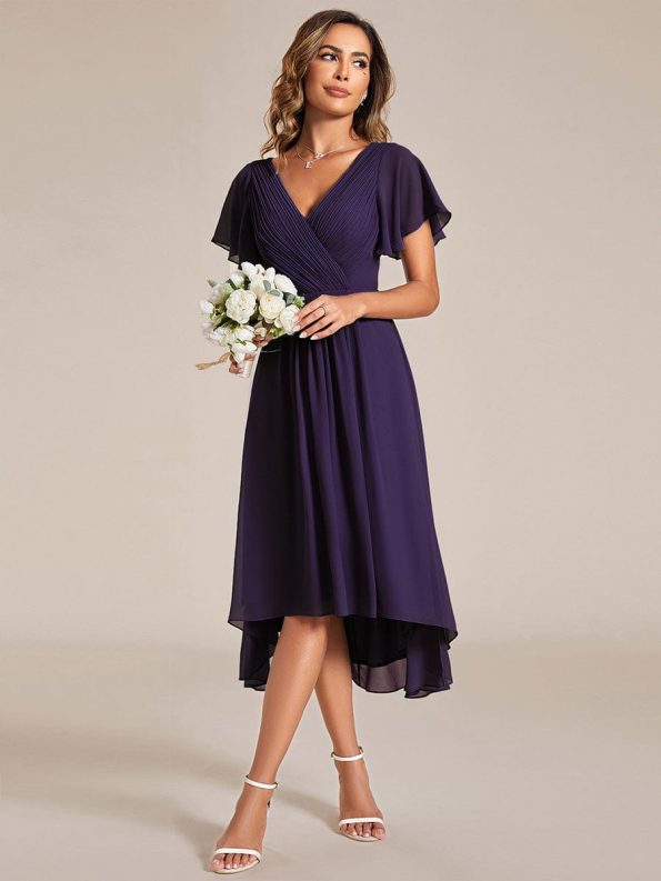 Chic V Neck Asymmetrical Hem Ruffles Sleeve Pleated Chiffon Wedding Guest Dress - Dark Purple