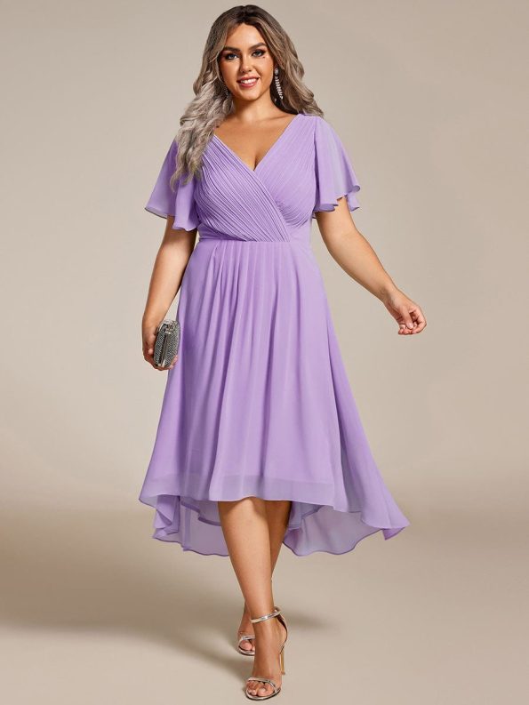 Chic V Neck Asymmetrical Hem Ruffles Sleeve Pleated Chiffon Wedding Guest Dress - Lavender