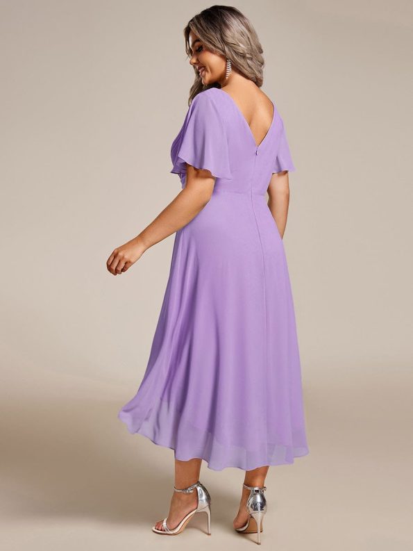 Chic V Neck Asymmetrical Hem Ruffles Sleeve Pleated Chiffon Wedding Guest Dress - Lavender