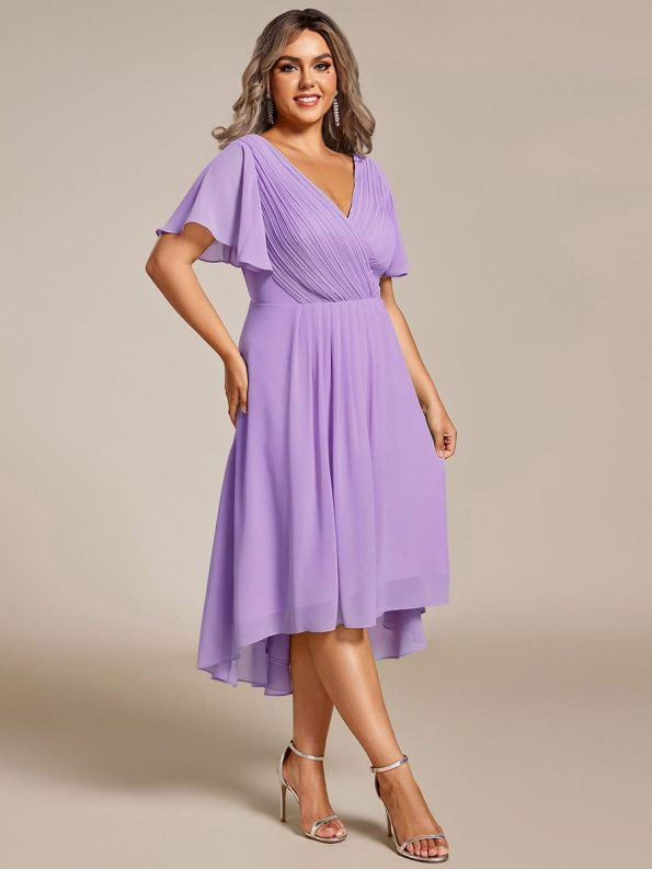 Plus Size Double V-Neck Ruffles Sleeve Chiffon Midi Wedding Guest Dress - Lavender