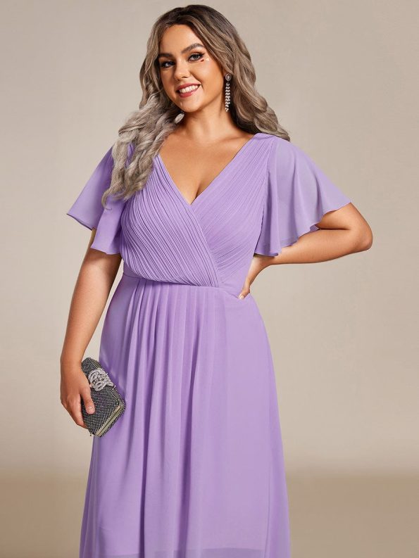 Chic V Neck Asymmetrical Hem Ruffles Sleeve Pleated Chiffon Wedding Guest Dress - Lavender