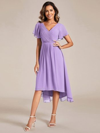 Chic V Neck Asymmetrical Hem Ruffles Sleeve Pleated Chiffon Wedding Guest Dress - Lavender