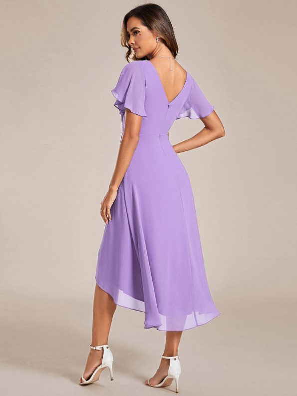 Chic V Neck Asymmetrical Hem Ruffles Sleeve Pleated Chiffon Wedding Guest Dress - Lavender