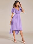 Chic V Neck Asymmetrical Hem Ruffles Sleeve Pleated Chiffon Wedding Guest Dress – Lavender