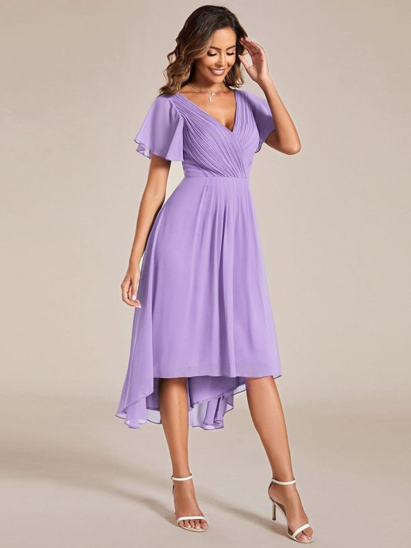 Chic V Neck Asymmetrical Hem Ruffles Sleeve Pleated Chiffon Wedding Guest Dress - Lavender