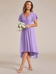 Chic V Neck Asymmetrical Hem Ruffles Sleeve Pleated Chiffon Wedding Guest Dress – Lavender