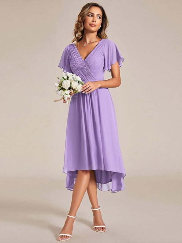 Chic V Neck Asymmetrical Hem Ruffles Sleeve Pleated Chiffon Wedding Guest Dress - Lavender