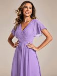 Chic V Neck Asymmetrical Hem Ruffles Sleeve Pleated Chiffon Wedding Guest Dress – Lavender