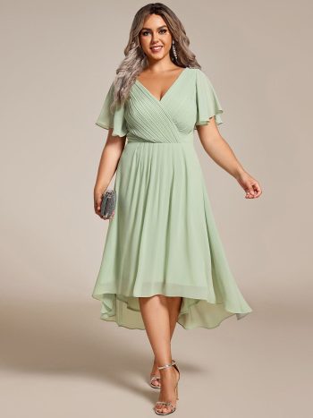 Plus Size Double V-Neck Ruffles Sleeve Chiffon Midi Wedding Guest Dress - Mint Green