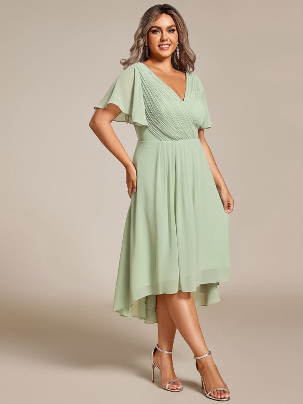 Plus Size Double V-Neck Ruffles Sleeve Chiffon Midi Wedding Guest Dress - Mint Green