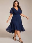 Plus Size Double V-Neck Ruffles Sleeve Chiffon Midi Wedding Guest Dress – Navy Blue