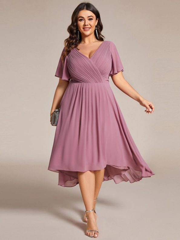 Plus Size Double V-Neck Ruffles Sleeve Chiffon Midi Wedding Guest Dress - Purple Orchid