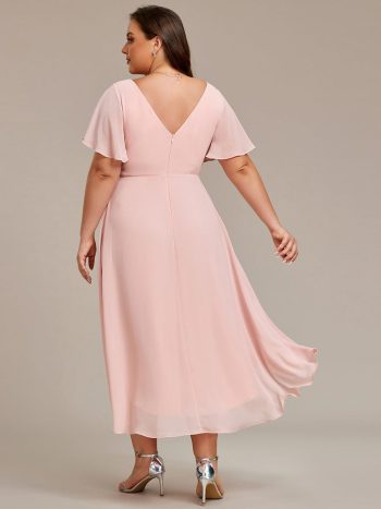 Plus Size Double V-Neck Ruffles Sleeve Chiffon Midi Wedding Guest Dress - Pink