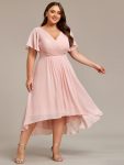 Plus Size Double V-Neck Ruffles Sleeve Chiffon Midi Wedding Guest Dress – Pink