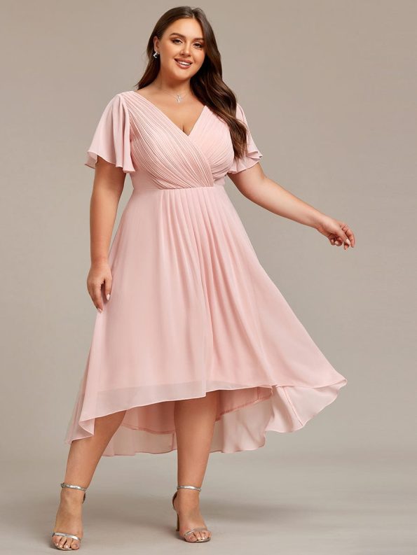 Plus Size Double V-Neck Ruffles Sleeve Chiffon Midi Wedding Guest Dress - Pink