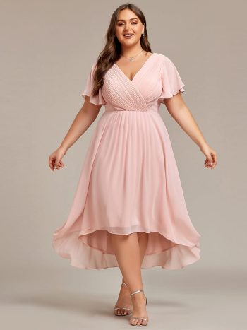 Plus Size Double V-Neck Ruffles Sleeve Chiffon Midi Wedding Guest Dress - Pink