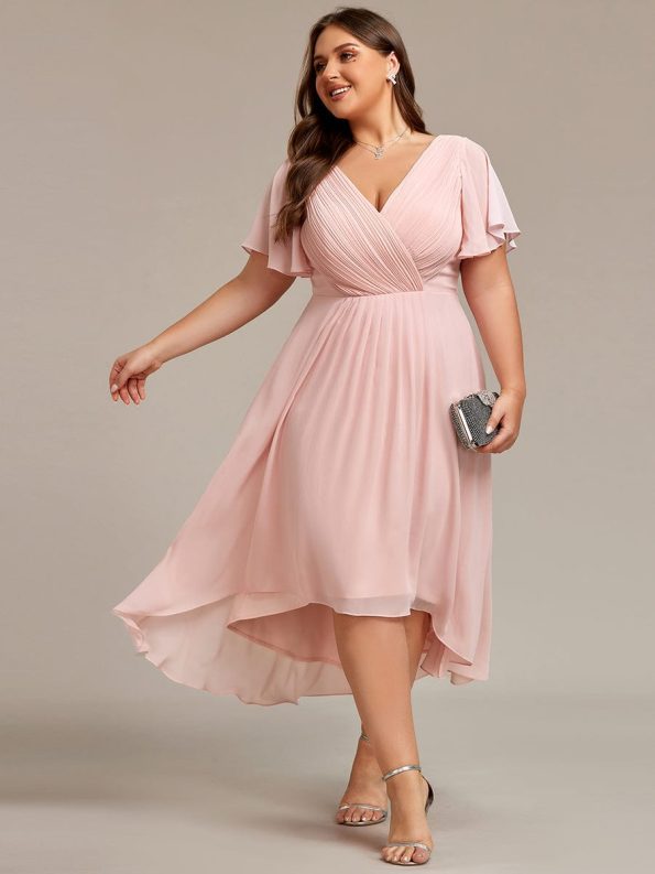 Plus Size Double V-Neck Ruffles Sleeve Chiffon Midi Wedding Guest Dress - Pink