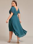 Chic V Neck Asymmetrical Hem Ruffles Sleeve Pleated Chiffon Wedding Guest Dress – Teal