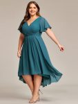 Chic V Neck Asymmetrical Hem Ruffles Sleeve Pleated Chiffon Wedding Guest Dress – Teal