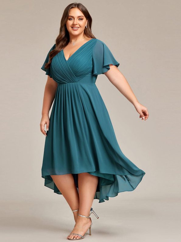 Chic V Neck Asymmetrical Hem Ruffles Sleeve Pleated Chiffon Wedding Guest Dress - Teal