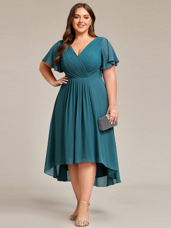 Plus Size Double V-Neck Ruffles Sleeve Chiffon Midi Wedding Guest Dress - Teal