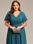 Chic V Neck Asymmetrical Hem Ruffles Sleeve Pleated Chiffon Wedding Guest Dress – Teal