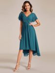 Chic V Neck Asymmetrical Hem Ruffles Sleeve Pleated Chiffon Wedding Guest Dress – Teal